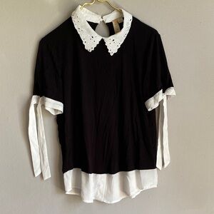 Misia Black Blouse with White Lace Collar and Layered Hem